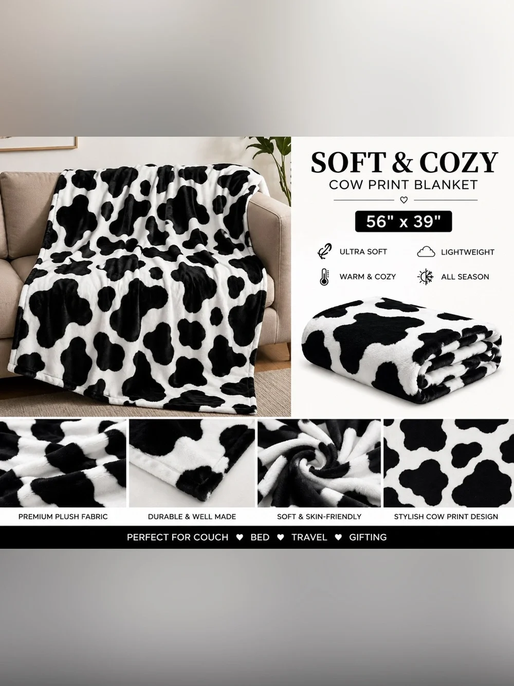 Cow Print Plush Throw Blanket - Black & White Cozy Throw Soft blanket 56”x39”